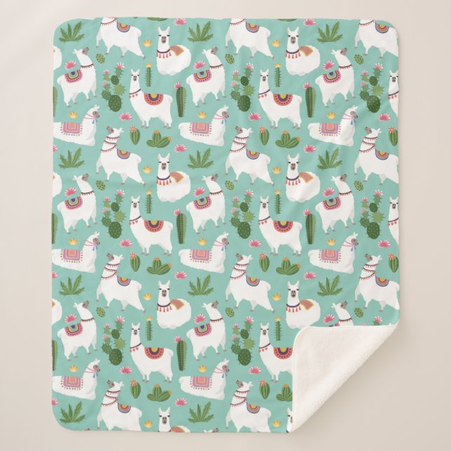 Cute Llamas On Teal Pattern Sherpa Blanket (Front)