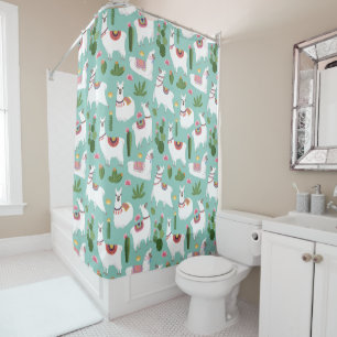Cute Llamas On Teal Pattern Shower Curtain