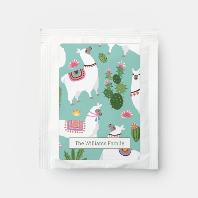 Cute Llamas On Teal Pattern Tea Bag Drink Mix (Front)