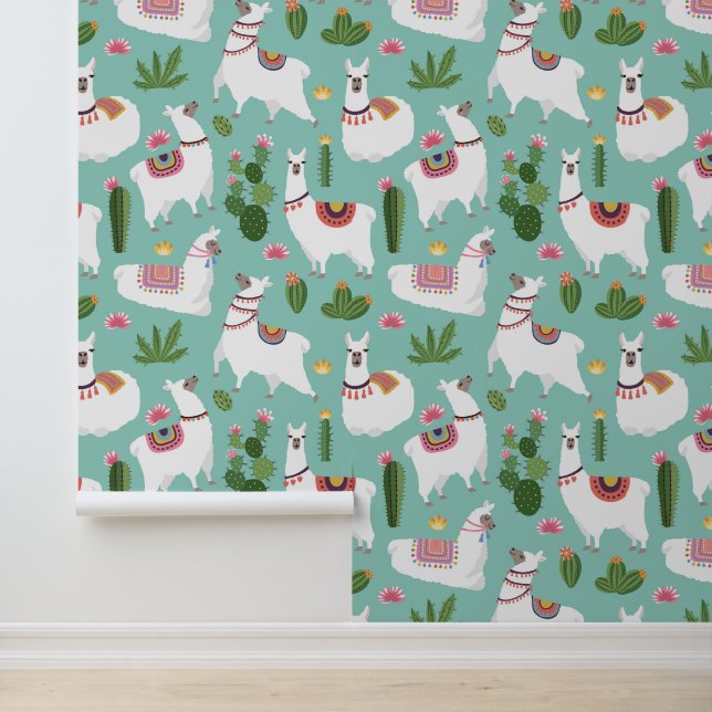 Cute Llamas On Teal Pattern Wallpaper (Application)