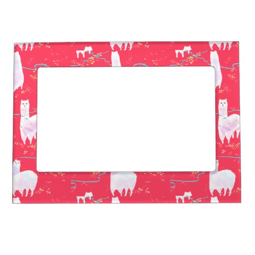 Cute llamas Peru illustration red background Magnetic Photo Frame