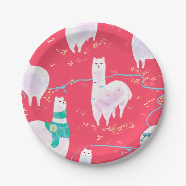 Cute llamas Peru illustration red background Paper Plates (Front)