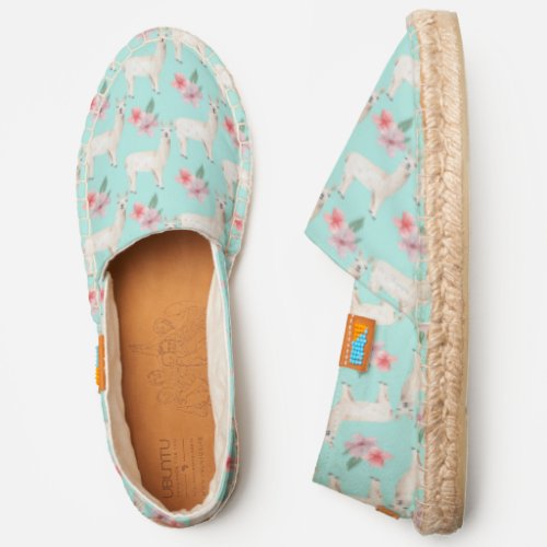 Cute Llamas Pink Flowers Blue Womens Espadrilles