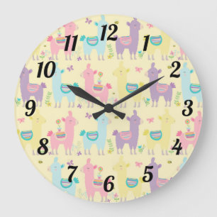Cute Llamas Pink Yellow Purple Blue Large Clock