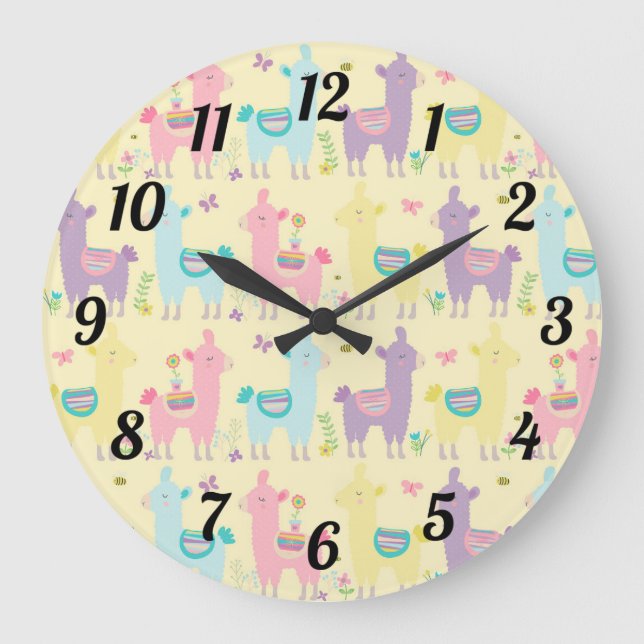 Cute Llamas Pink Yellow Purple Blue Large Clock (Front)