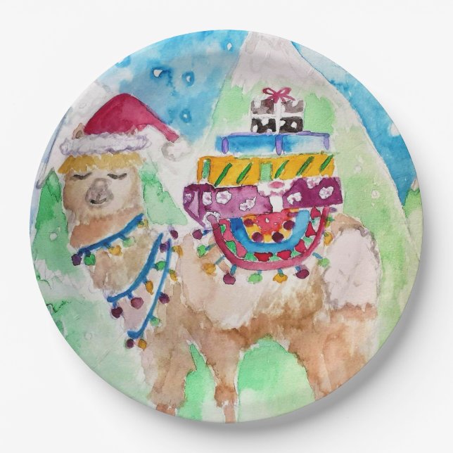 Cute Lllama Christmas Painting Paper Party Plate (Front)