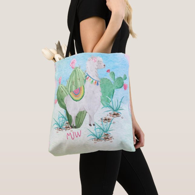 Cute Lllama Watercolor Scene Personalized Kids Tote Bag (Close Up)