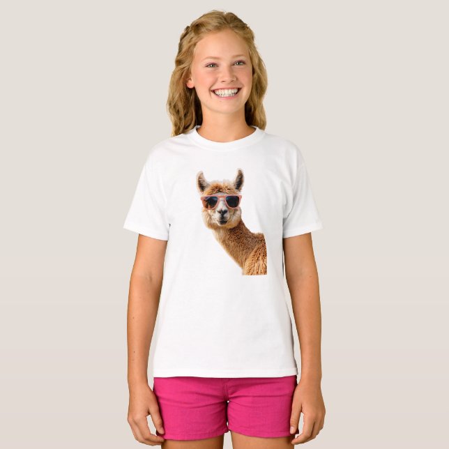 Cute Lllama With Sunglasses On T-Shirt (Front Full)