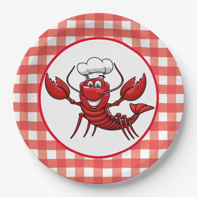 Cute Lobster party red check Paper Plates (Front)