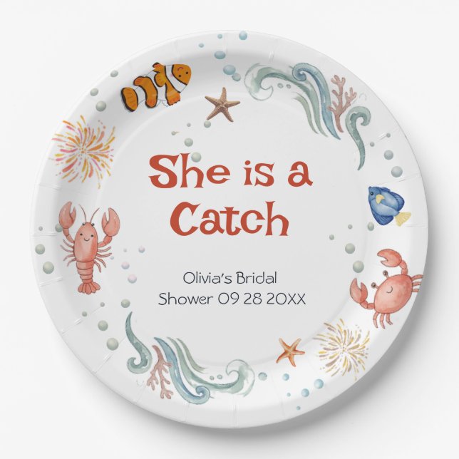 Cute Lobster She is a Catch Bridal Shower Paper Plates (Front)