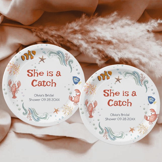 Cute Lobster She is a Catch Bridal Shower Paper Plates (Creator Uploaded)