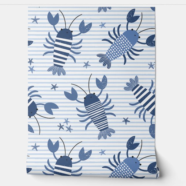 Cute lobsters on light blue and white stripe wallpaper  (Unrolling)