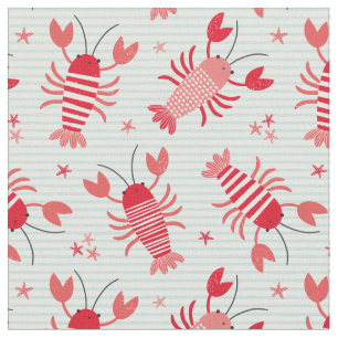 Cute Lobsters on light blue white stripe Fabric
