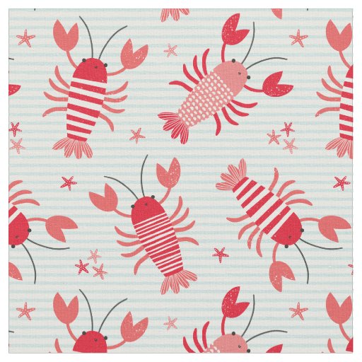 Cute Lobsters on light blue white stripe Fabric