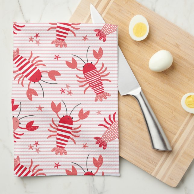 Cute lobsters on light pink and white stripe kitchen towel (Quarter Fold)