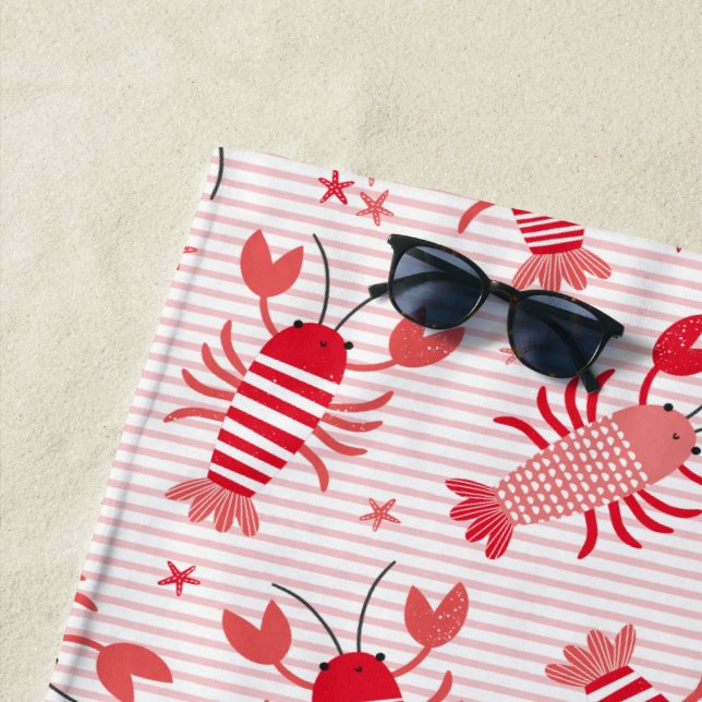 Cute lobsters on light pink white stripe beach towel (In Situ)