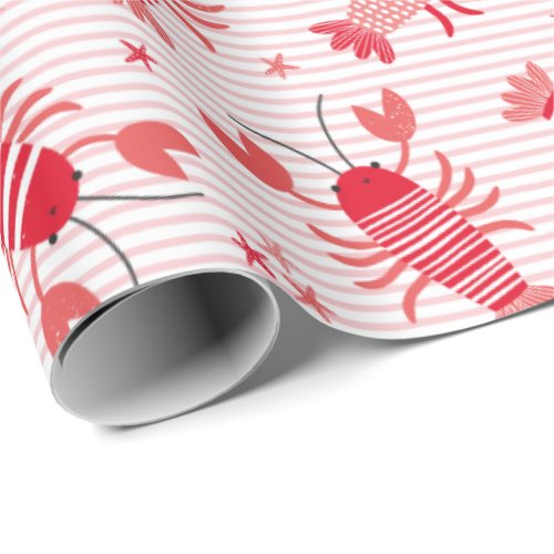 Cute lobsters on light pink white stripe wrapping paper