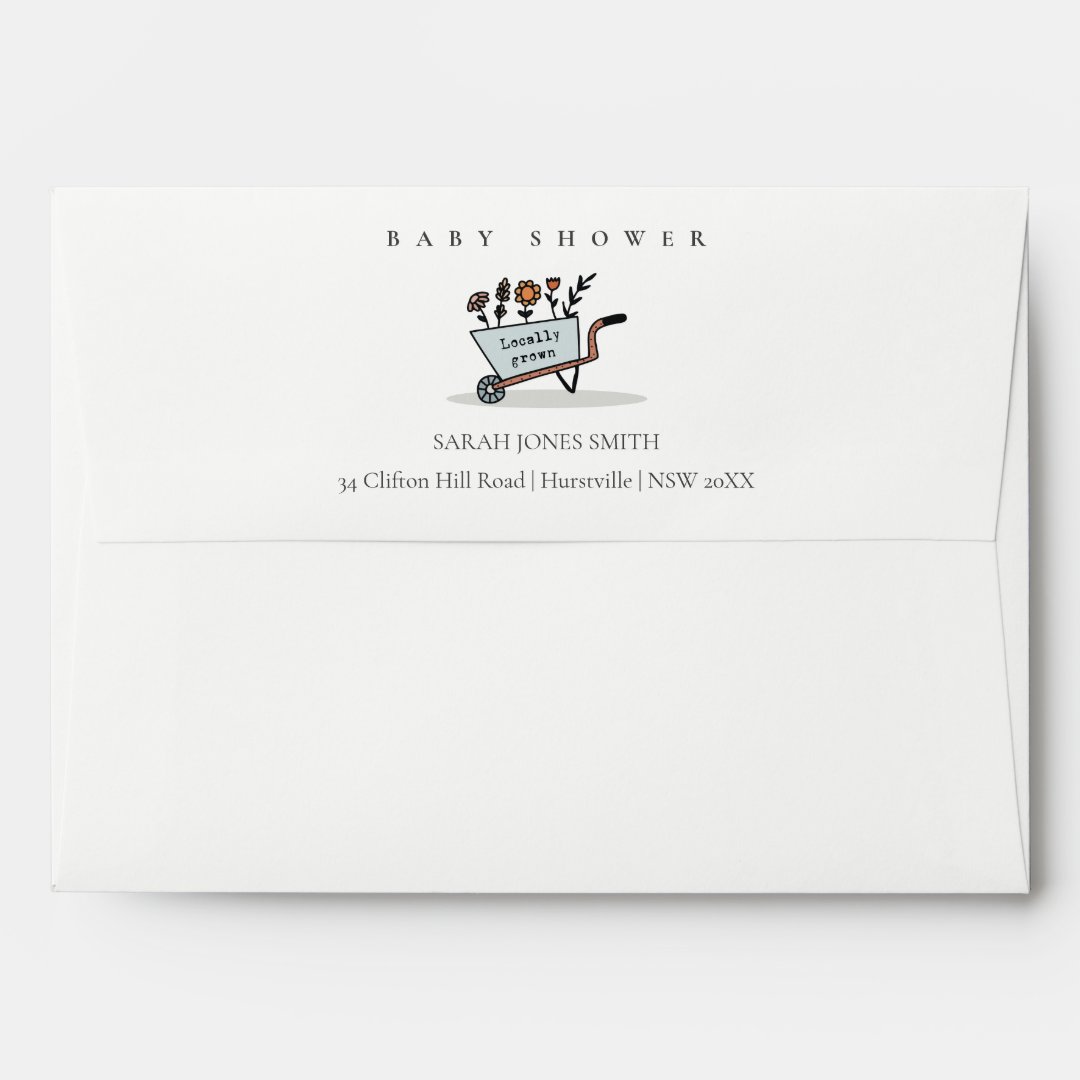 Cute Locally Grown Blue Floral Cart Baby Shower Envelope Zazzle
