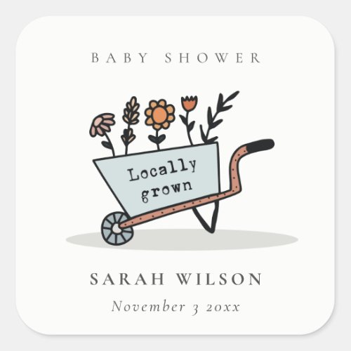 Cute Locally Grown Blue Floral Cart Baby Shower Square Sticker