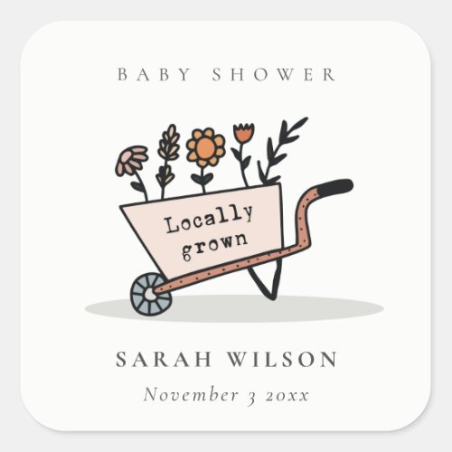 Cute Locally Grown Blush Floral Cart Baby Shower Square Sticker