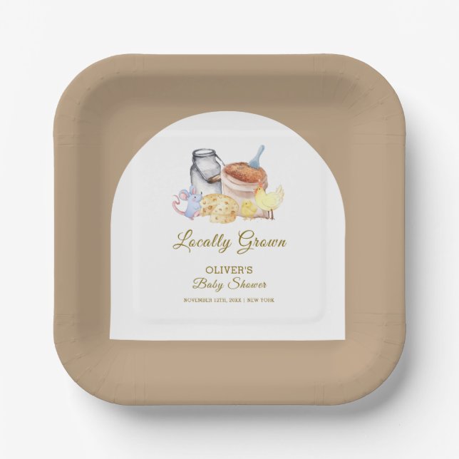 Cute Locally Grown Farm Chicken Mouse Baby Shower Paper Plates (Front)