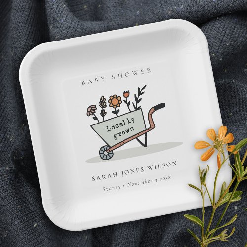 Cute Locally Grown Grey Floral Cart Baby Shower  Paper Plates