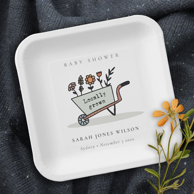 Cute Locally Grown Grey Floral Cart Baby Shower  Paper Plates (Creator Uploaded)