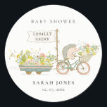 Cute Locally Grown Hedgehog Flora Bike Baby Shower Classic Round Sticker<br><div class="desc">If you need any further customisation please feel free to message me on yellowfebstudio@gmail.com.</div>