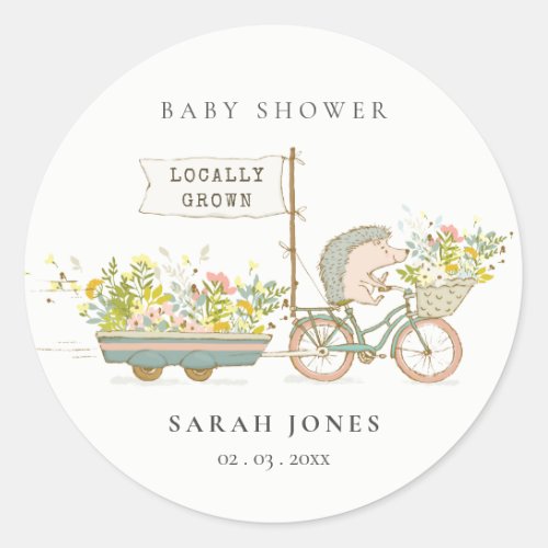 Cute Locally Grown Hedgehog Flora Bike Baby Shower Classic Round Sticker