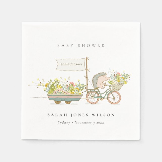 Cute Locally Grown Hedgehog Flora Bike Baby Shower Napkins (Front)