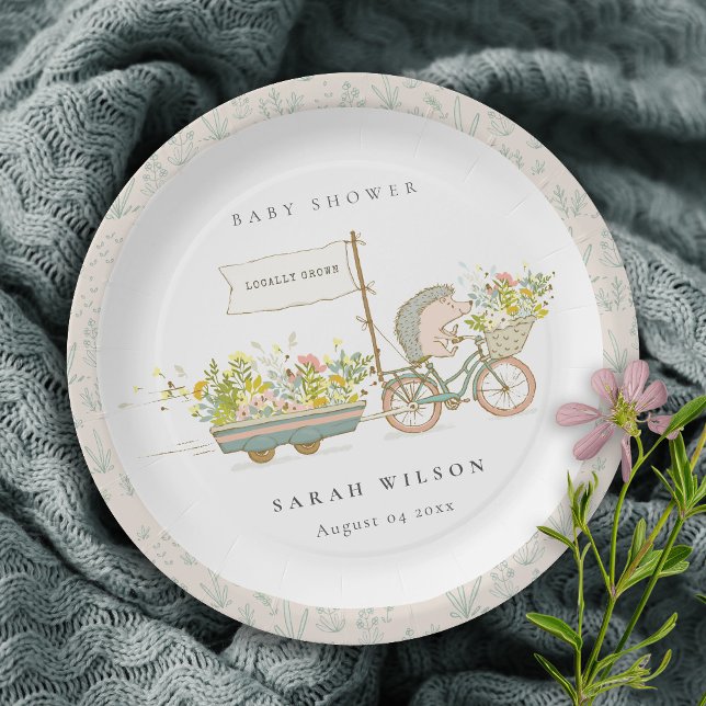Cute Locally Grown Hedgehog Flora Bike Baby Shower Paper Plates (Creator Uploaded)