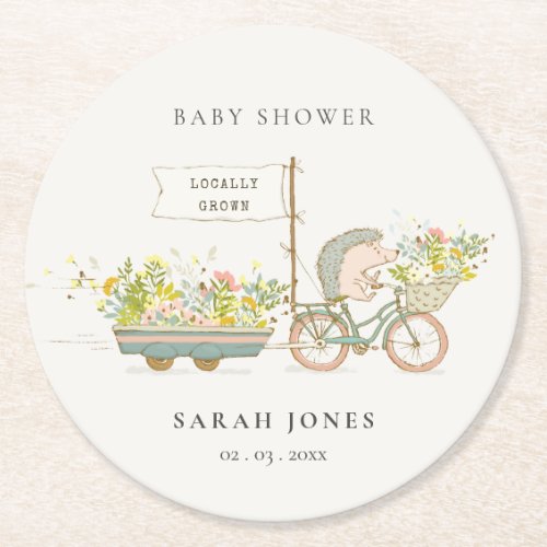 Cute Locally Grown Hedgehog Flora Bike Baby Shower Round Paper Coaster