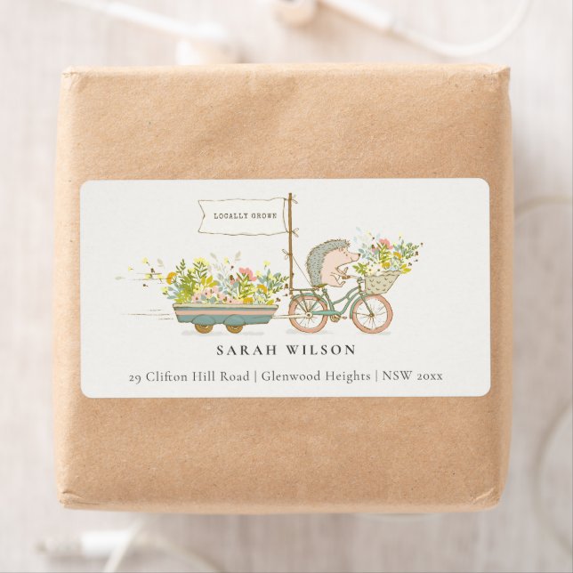 Cute Locally Grown Hedgehog Floral Bike Address Label (Insitu)