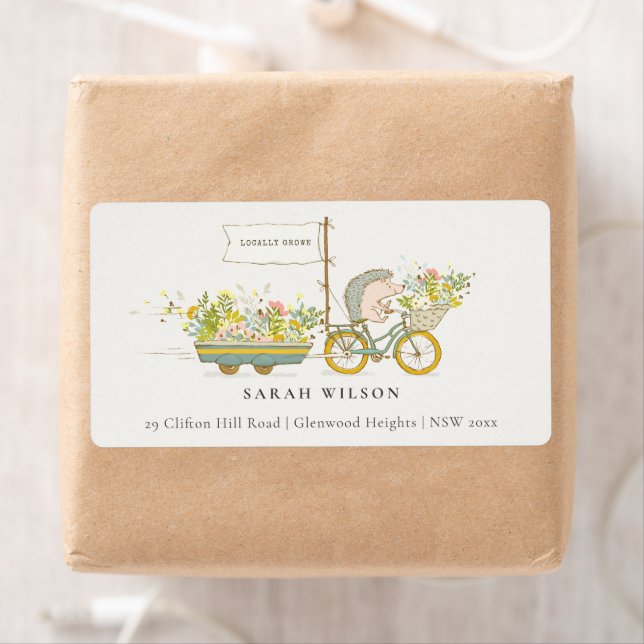 Cute Locally Grown Hedgehog Floral Bike Address Label (Insitu)