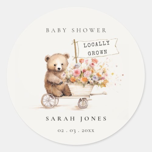 Cute Locally Grown Teddy Floral Cart Baby Shower Classic Round Sticker