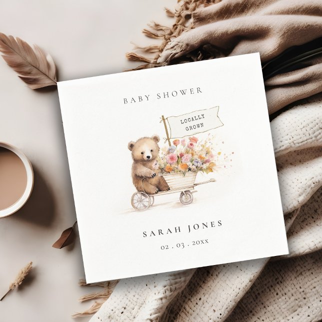 Cute Locally Grown Teddy Floral Cart Baby Shower Napkins (Creator Uploaded)