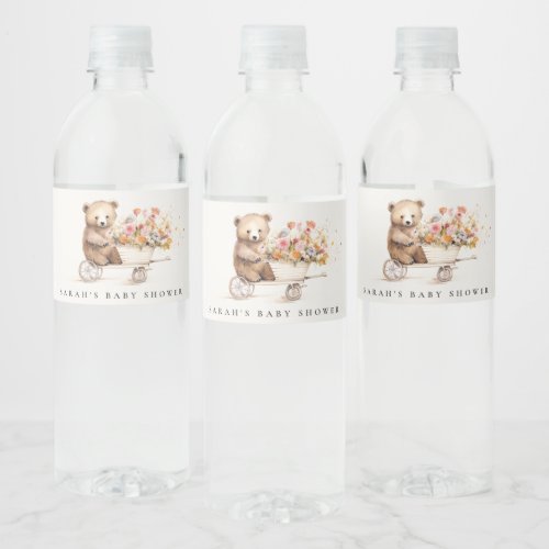 Cute Locally Grown Teddy Floral Cart Baby Shower Water Bottle Label