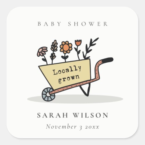 Cute Locally Grown Yellow Floral Cart Baby Shower Square Sticker