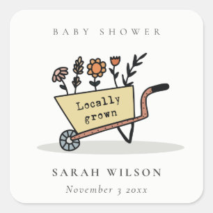 Cute Locally Grown Yellow Floral Cart Baby Shower Square Sticker
