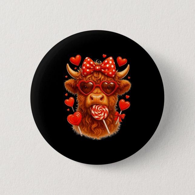 Cute Lollip Highland Cow Valentine's Day Red Heart Button (Front)