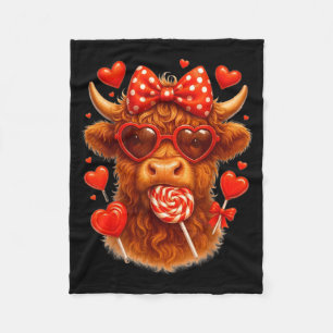 Cute Lollip Highland Cow Valentine's Day Red Heart Fleece Blanket