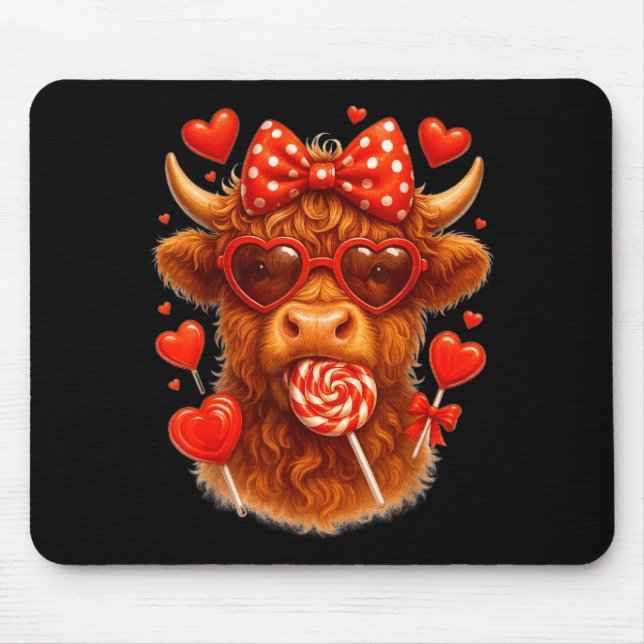 Cute Lollip Highland Cow Valentine's Day Red Heart Mouse Pad (Front)