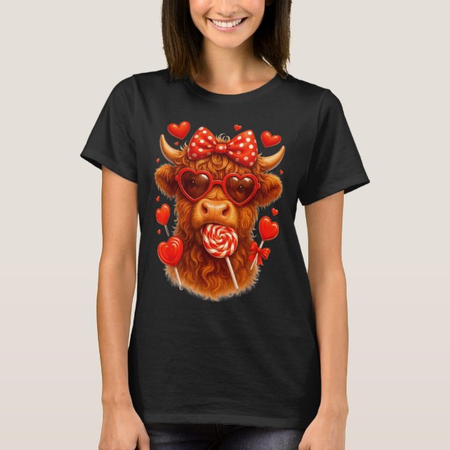 Cute Lollip Highland Cow Valentine's Day Red Heart T-Shirt (Front)