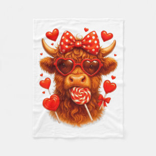 Cute Lollipop Highland Cow Valentines Day Red Hear Fleece Blanket