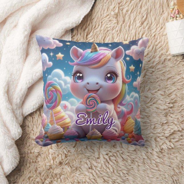 Cute Lollipop Unicorn Pillow – Editable Name (Blanket)