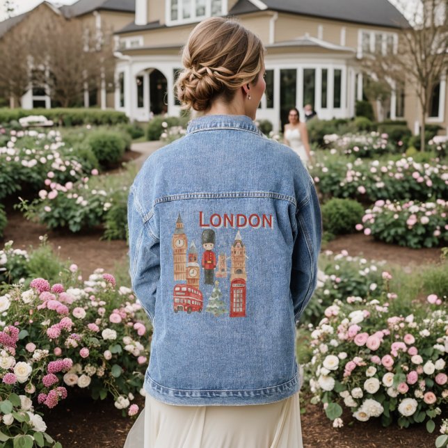 Cute London City British Guard, Big Ben & Red Bus Denim Jacket (Wedding Back)