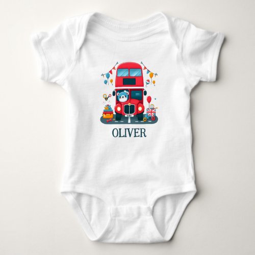 Cute London Double Deck Bus and Teddy Bear Baby Bodysuit