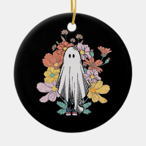 Cute Lonely Halloween Ghost with Flower Long Sleev Ceramic Ornament