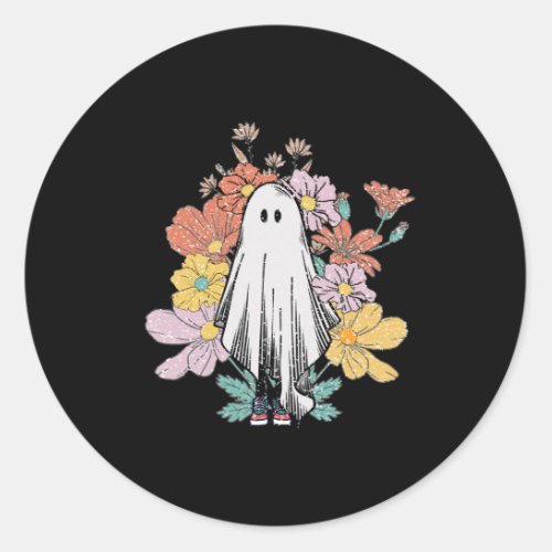 Cute Lonely Halloween Ghost with Flower Long Sleev Classic Round Sticker