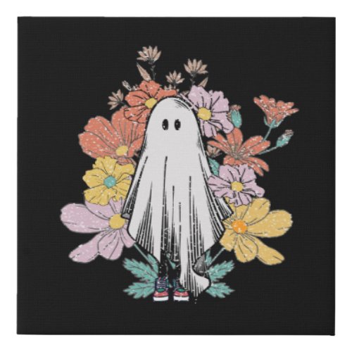 Cute Lonely Halloween Ghost with Flower Long Sleev Faux Canvas Print